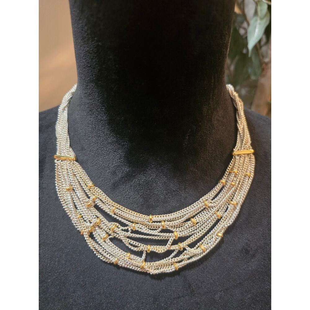 Women's Multi Strand Silver Chain Necklace With Gold Beads And Toggle‎ Lock